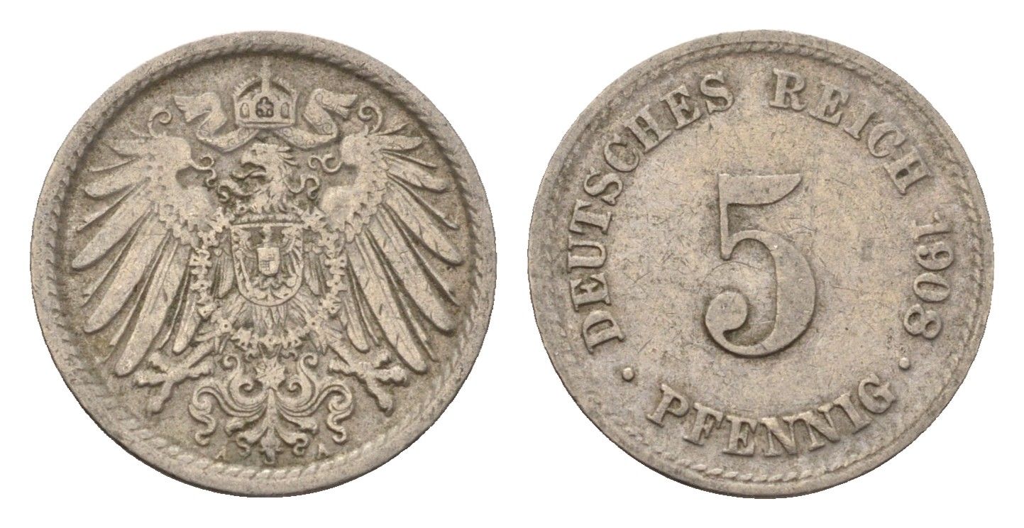 Германия 5 пфеннигов 1908 A KM 11, J. 12 медно-никель 4696-642