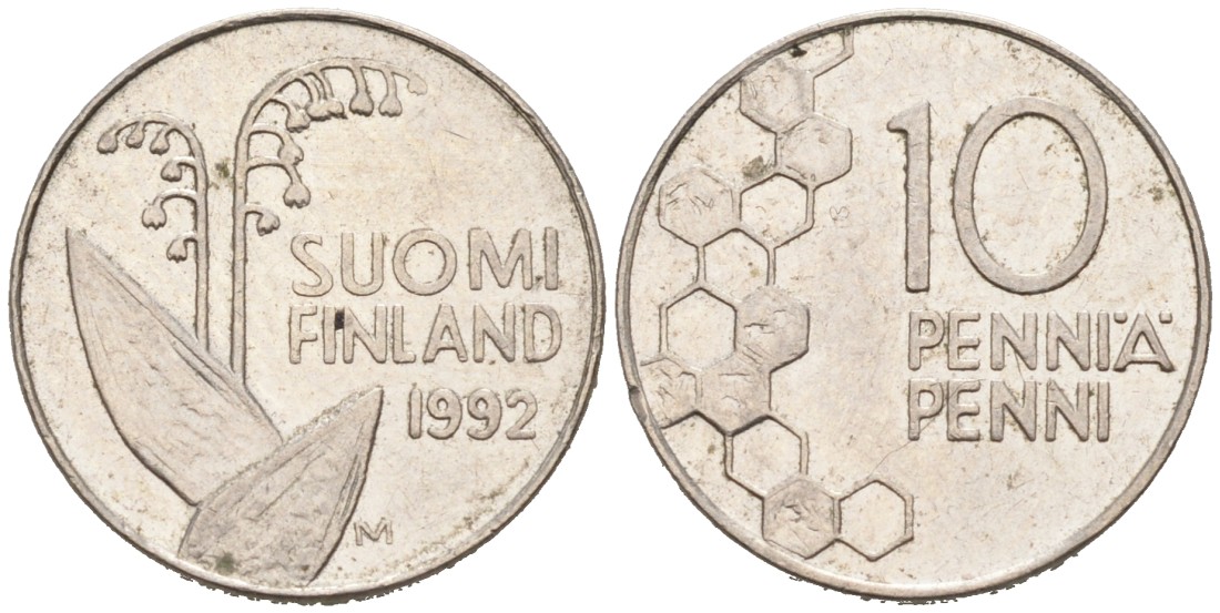 Финляндия 10 пенни 1992 М KM 65 медно-никель 192-1141