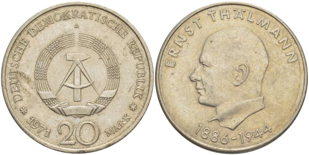 ГДР 20 марок 1971 A, 85 лет со дня рождения Эрнста Тельмана KM 34, J. 1535 медно-никель 4521-411