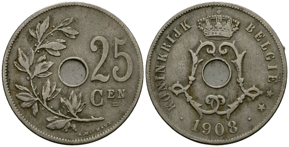 Бельгия 25 сантимов 1908 Belgie KM 63 медно-никель 4165-636