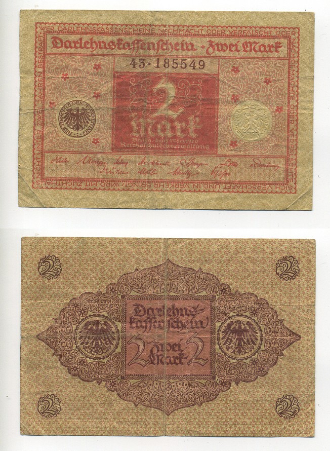 ГЕРМАНИЯ 2 МАРКИ 1920 1 МАРТА 1920, ВЕЙМАРСКАЯ РЕСПУБЛИКА, КРАСНАЯ, СЕРИЯ 43 Pick 59, Rosenberg 65b бумага 7217-47-1