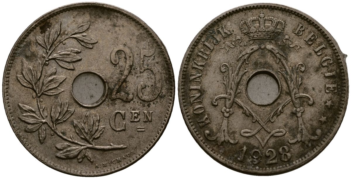 Бельгия 25 сантимов 1928 Belgie KM 69 медно-никель 4131-831