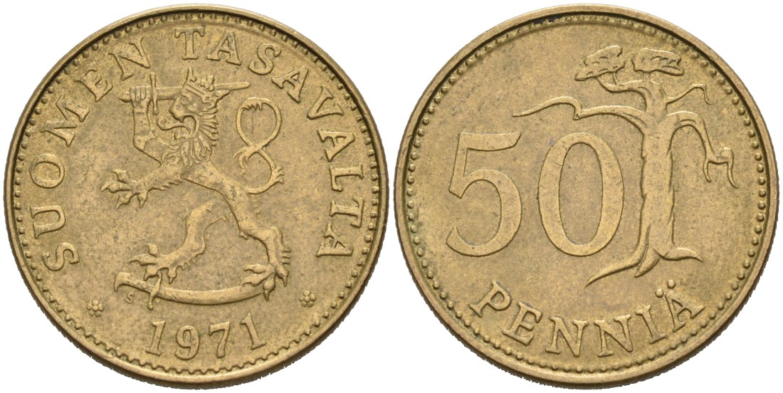 ФИНЛЯНДИЯ 50 ПЕННИ 1971 S KM 48 алюминиевая бронза 4563-424