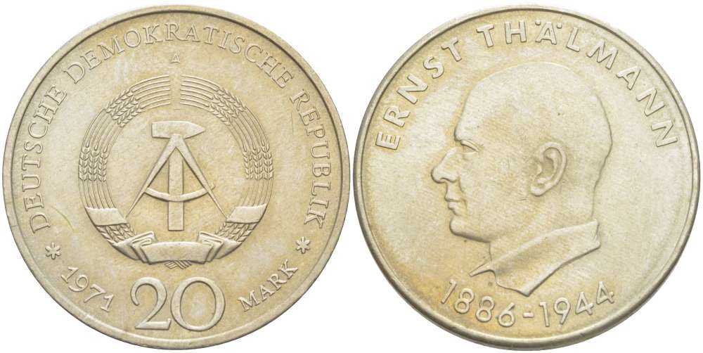 ГДР 20 марок 1971 A, 85 лет со дня рождения Эрнста Тельмана KM 34, J. 1535 медно-никель 4521-415