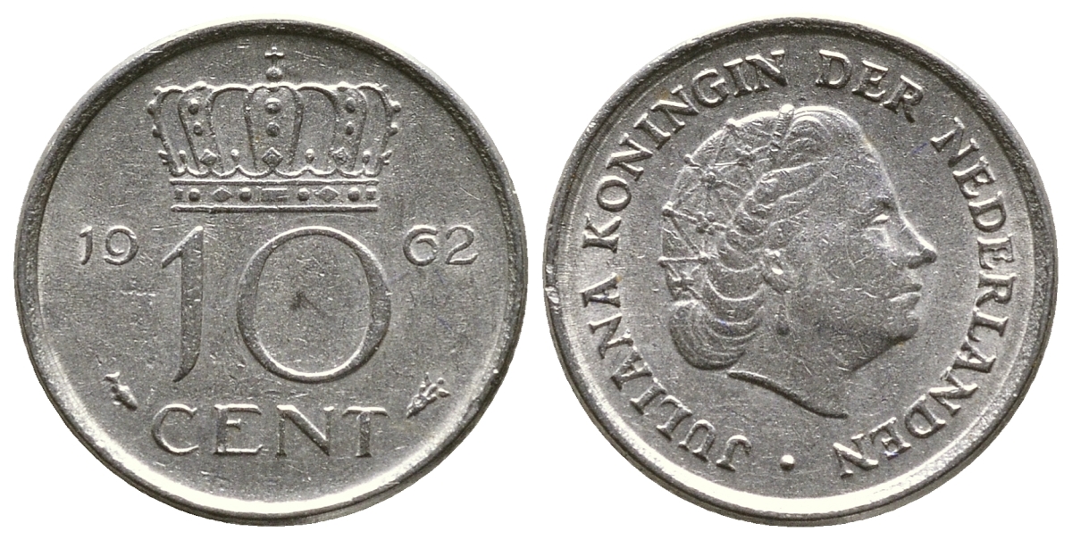 НИДЕРЛАНДЫ 10 ЦЕНТОВ 1962 ЮЛИАНА KM 182 никель 4385-633