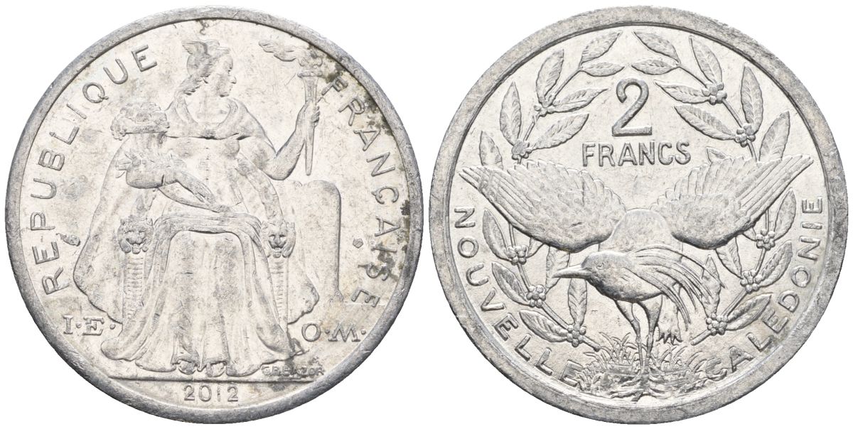 Французская Новая Каледония 2 франка 2012 птица кагу, (IEOM) KM 14, Schoen 11 алюминий    29-614