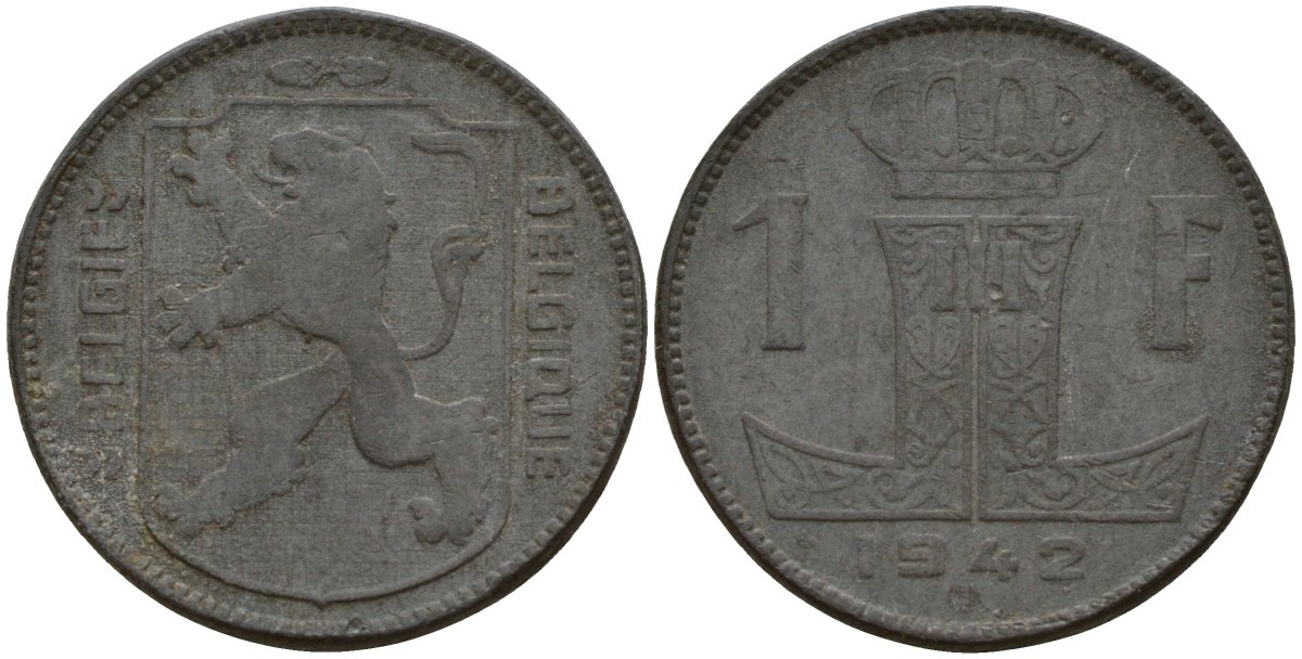 Бельгия 1 франк 1942 Belgique - Belgie, Леопольд III (1934-1947), германская оккупация, Вторая мировая война KM 127 цинк 4161-426
