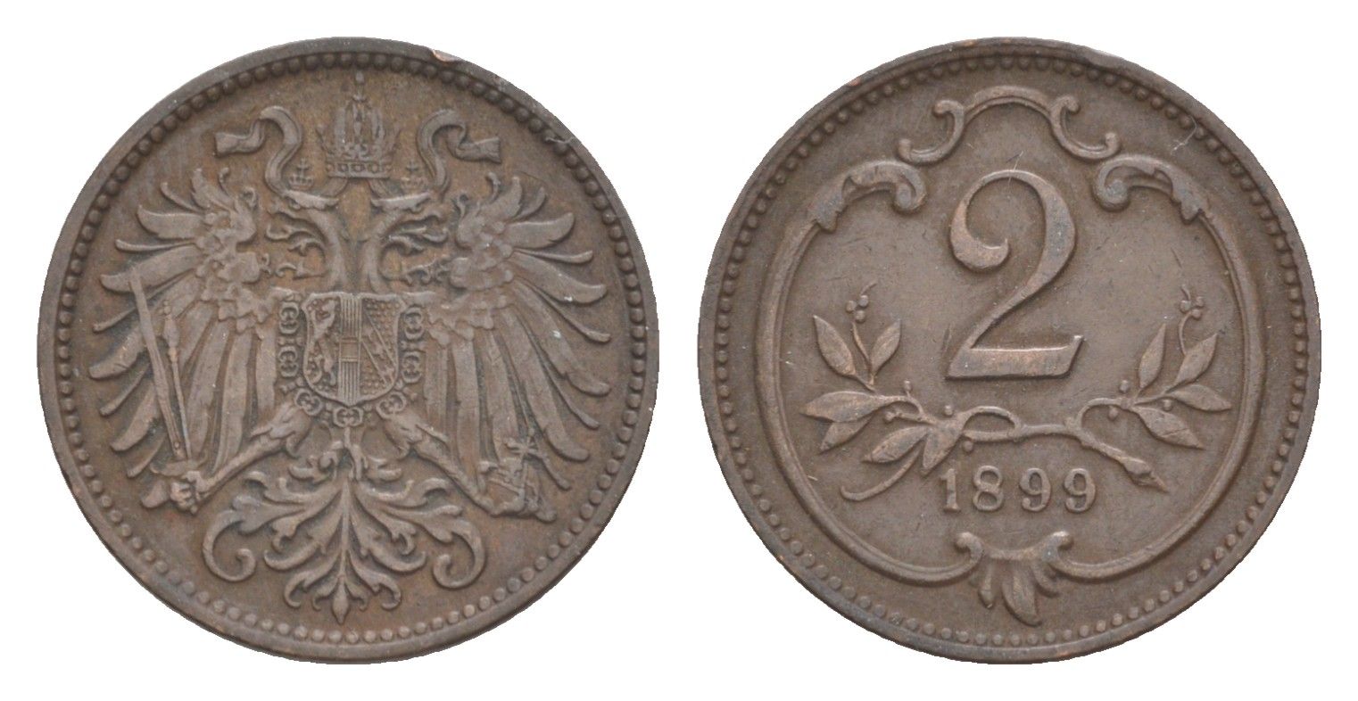 Австрия 2 геллера 1899 Франц Иосиф I (1848-1916) KM 2801 бронза 4639-1015