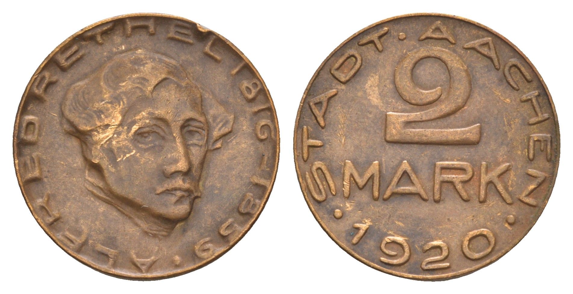 Аахен 2 марки 1920 Альфред Ретель Funck 1.17, Men05 70.63, Men18 99.63 латунь 1520-833