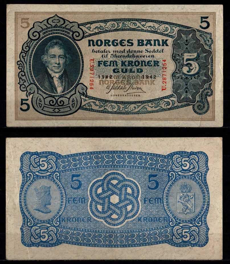 Норвегия 5 крон 1942 Вильгельм Фриман Корен Кристи (1-й председатель норвежского парламента) Pick 7 c бумага 451-1227-1