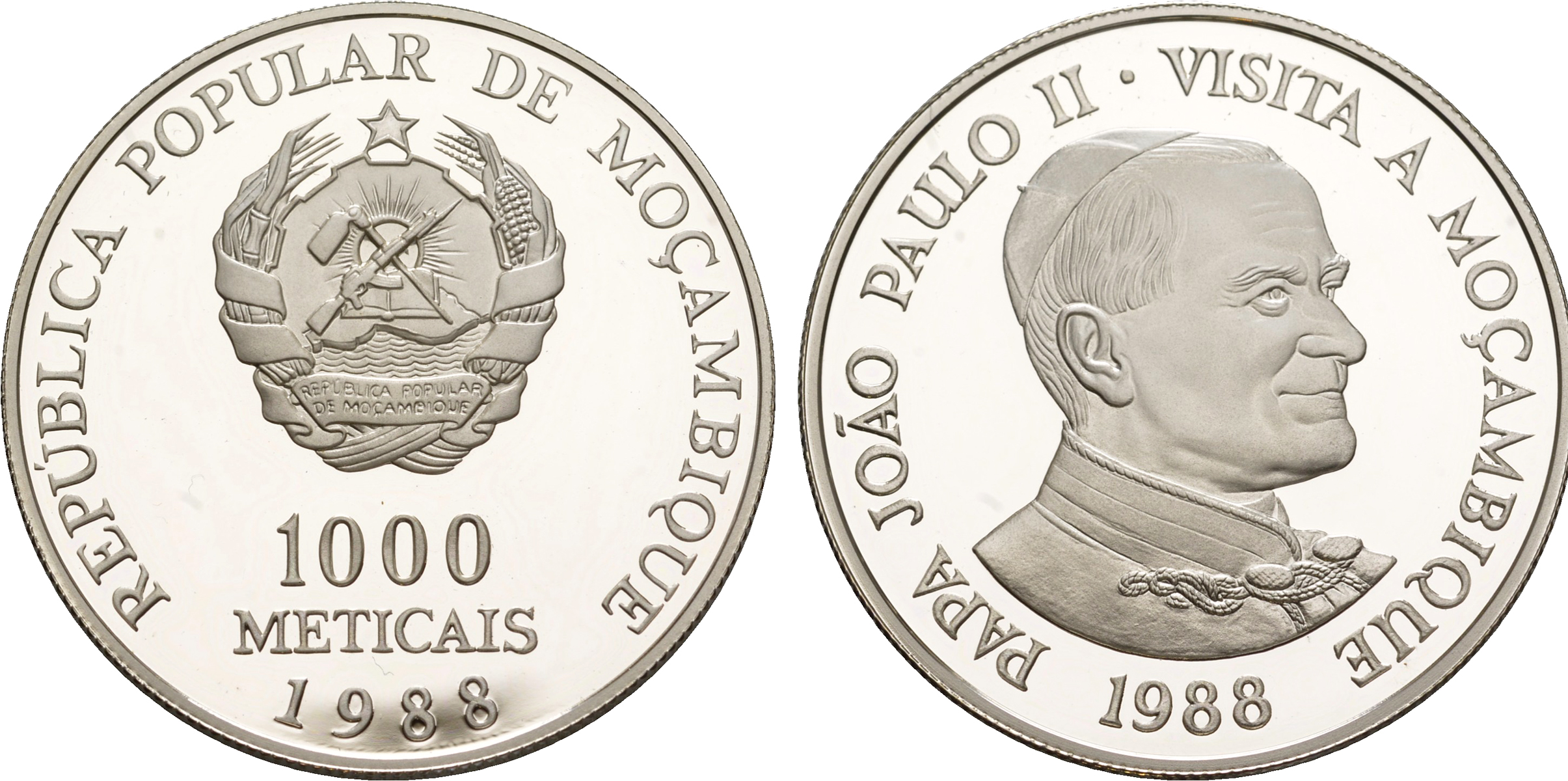 Мозамбик 1000 метикалей 1988 визит в Мозамбик папы Иоанна Павла II KM 109 a серебро  PROOF  1079-5-22