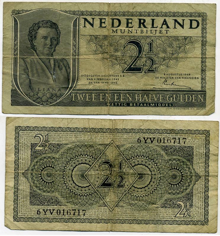 Нидерланды 2 1/2 гульдена 1949 8 августа 1949, Юлиана Pick 73 бумага 450-60-2-2