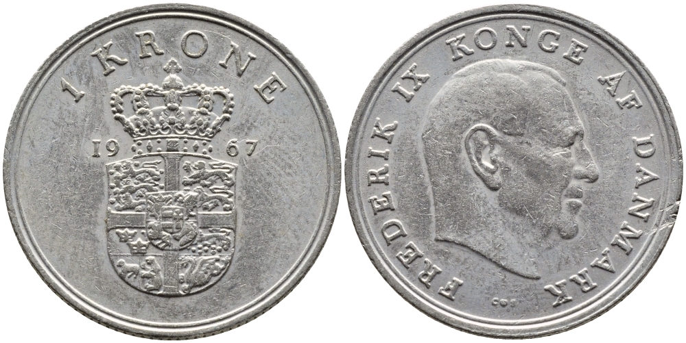 ДАНИЯ 1 КРОНА 1967 C; S, ФРЕДЕРИК IX (1947-1972) KM 851.1 медно-никель 4391-1242