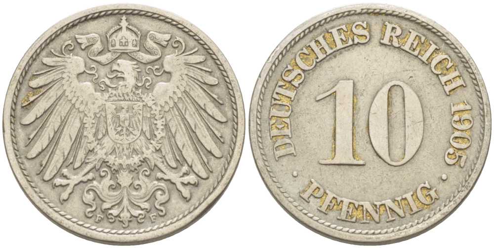 Германия 10 пфеннигов 1905 F KM 12, J. 13 медно-никель 175-215