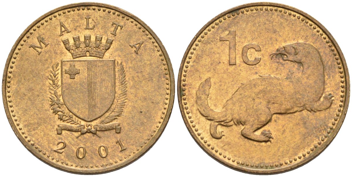 Мальта 1 цент 2001 ласка, горностай KM 93 никель латунь 4585-1248