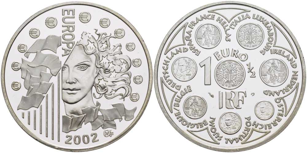 Франция 1 1/2 евро 2002 введение евро KM 1301 серебро PROOF 1076-5-42