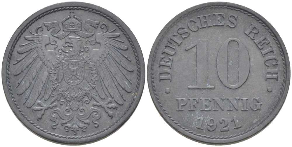 ГЕРМАНИЯ 10 ПФЕННИГОВ 1921 (1917-1922) KM 26, J. 299, Weege 8 цинк 210-313