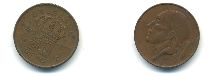 БЕЛЬГИЯ 50 САНТИМОВ 1955 BELGIQUE KM 144 бронза 80-934