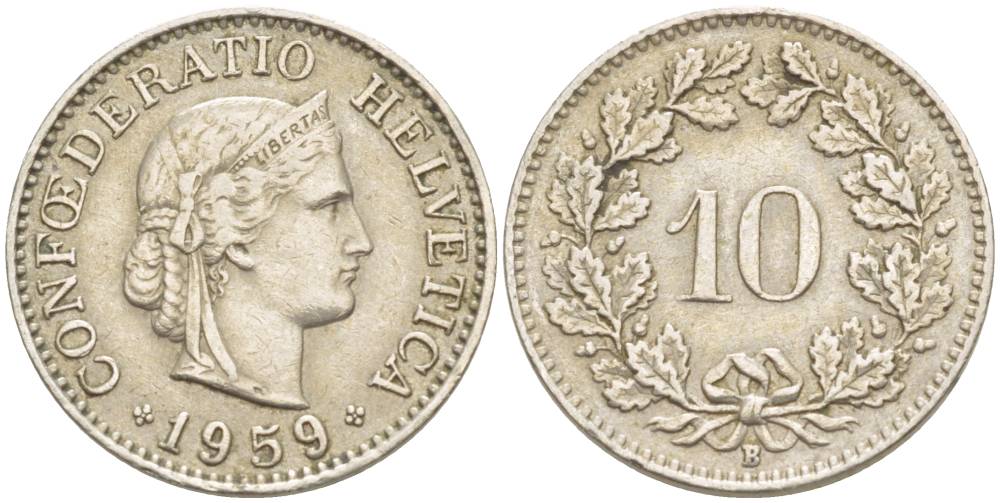 ШВЕЙЦАРИЯ 10 РАППЕНОВ 1959 В KM 27 медно-никель 216-1254