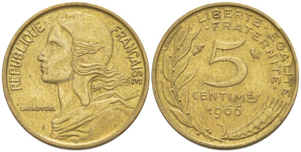 ФРАНЦИЯ 5 САНТИМОВ 1966 ТИП MARIANNE KM 933, LE FRANC 125.2 алюминиевая бронза 66-558