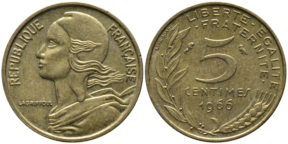 ФРАНЦИЯ 5 САНТИМОВ 1966 ТИП MARIANNE KM 933, LE FRANC 125.2 алюминиевая бронза 176-631