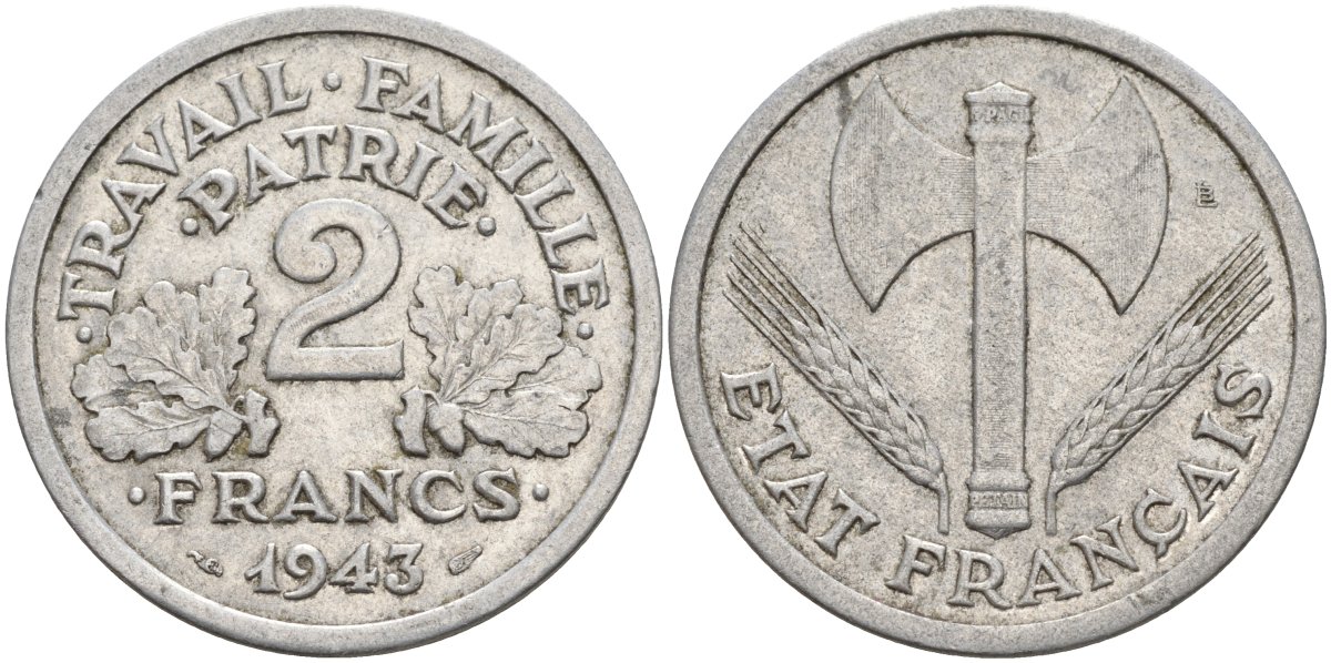 Франция 2 франка 1943 Правительство Виши KM 904.1 алюминий 4144-335