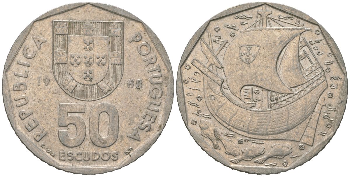 Португалия 50 эскудо 1988 KM 636 медно-никель 4574-426