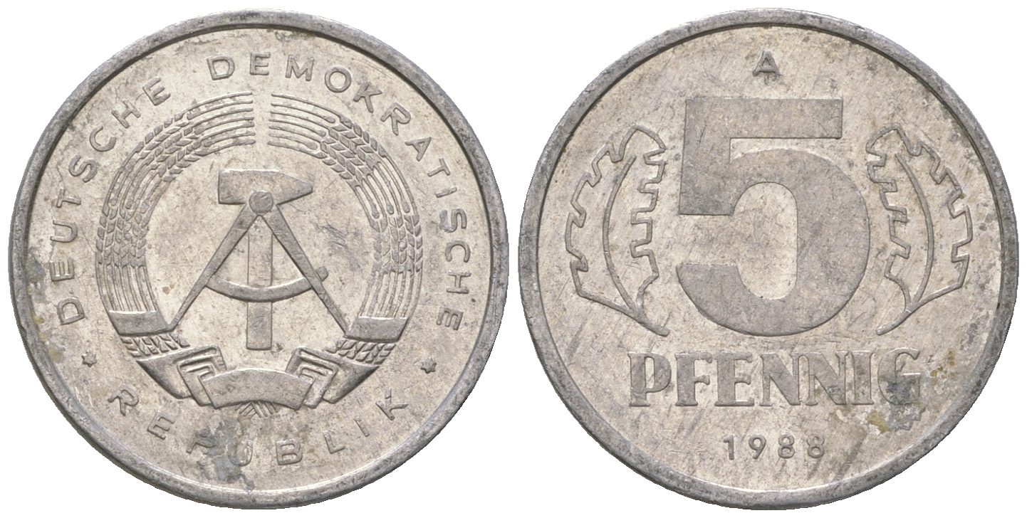 ГДР 5 пфеннигов 1988 A КМ 9.2 алюминий 3458-1262