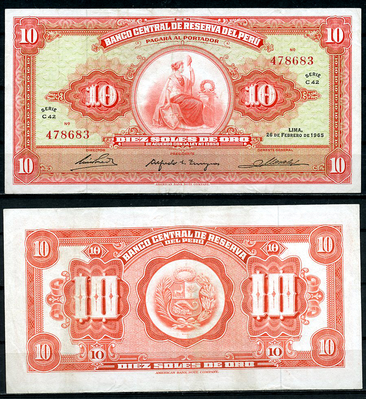 Перу 10 солей 1965 сидящая свобода, American Bank Note Company Pick 88  бумага  аUNC  444-118-2-2