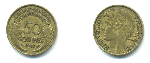 ФРАНЦИЯ 50 САНТИМОВ 1931 ТИП MORLON KM 894.1, LE FRANC 192.4 алюминиевая бронза 23-523