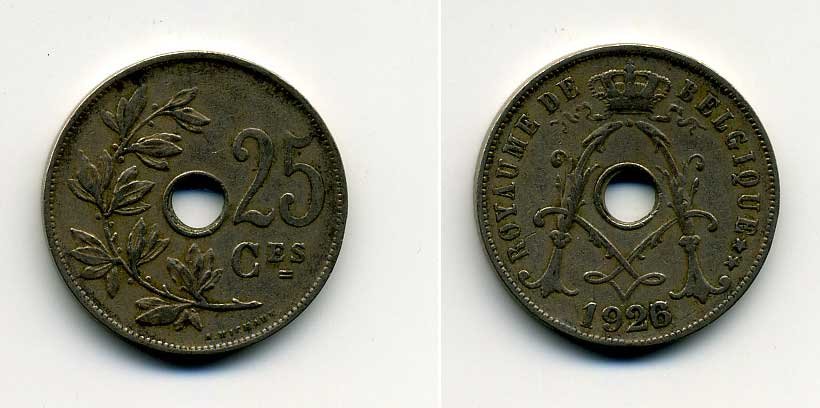 БЕЛЬГИЯ 25 САНТИМОВ 1926 BELGIQUE KM 68.1 медно-никель 37-1217
