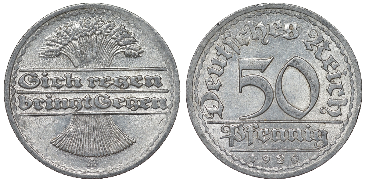 Германия 50 пфеннигов 1920 A KM 27, J. 301, Weege 10 алюминий 4121-1134