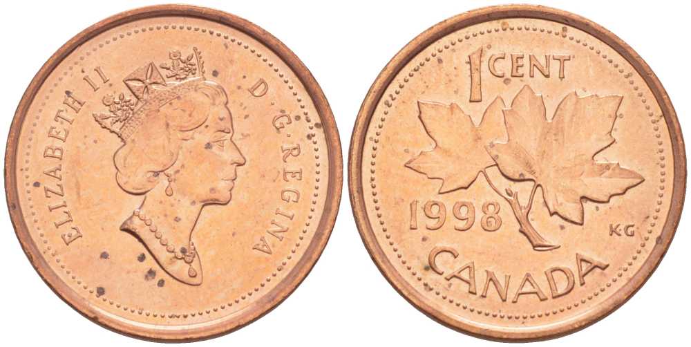 КАНАДА 1 ЦЕНТ 1998 КЛЕНОВЫЙ ЛИСТ, ЕЛИЗАВЕТА II KM 289 сталь плакированная медью 112-114