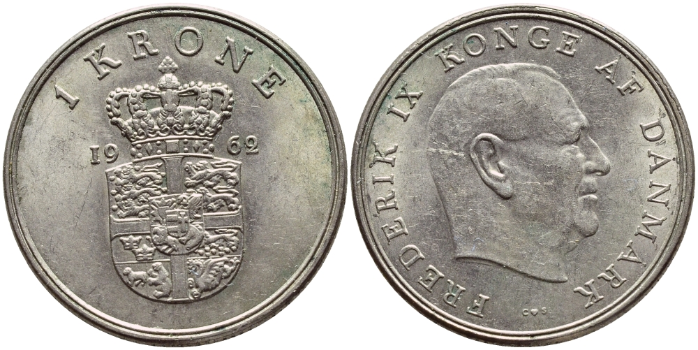 ДАНИЯ 1 КРОНА 1962 C; S, ФРЕДЕРИК IX (1947-1972) KM 851.1 медно-никель 4398-1032