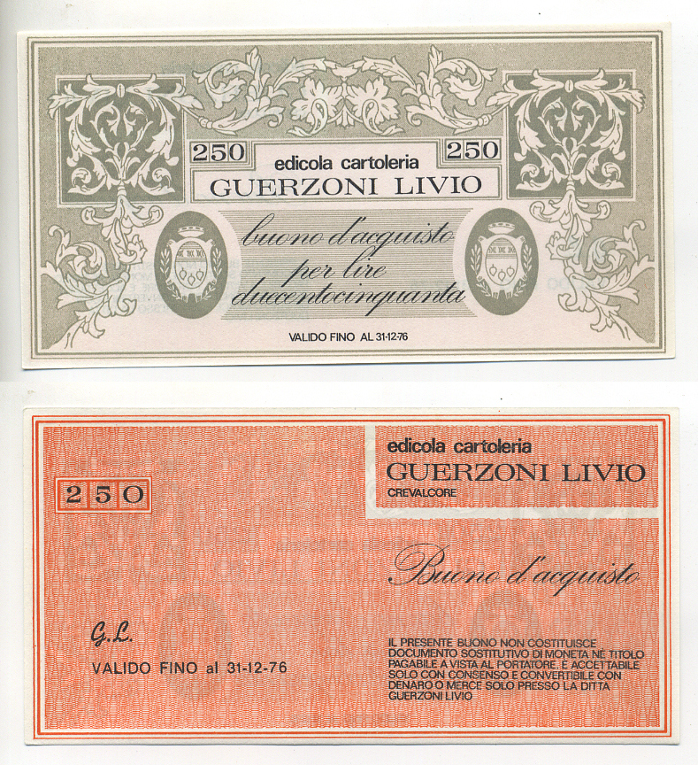 Италия купон на 250 лир ND канцелярский магазин, guerzoni livio, действителен до 31.12.1976 бумага UNC (пресс) 7221-2-3-2