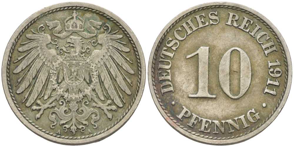 ГЕРМАНИЯ 10 ПФЕННИГОВ 1911 A KM 12, J. 13 медно-никель 31-1116