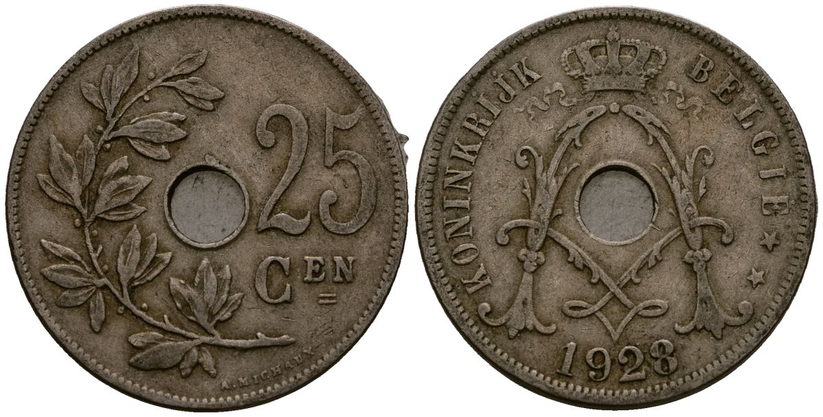 Бельгия 25 сантимов 1928 Belgie KM 69 медно-никель 4131-813