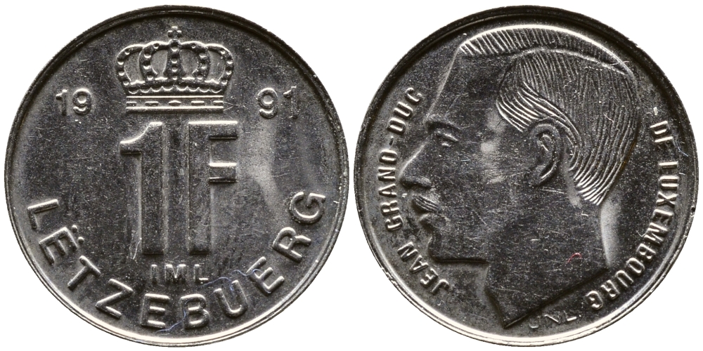 ЛЮКСЕМБУРГ 1 ФРАНК 1991 ВЕЛИКИЙ ГЕРЦОГ ЖАН KM 63 никель сталь 26-954