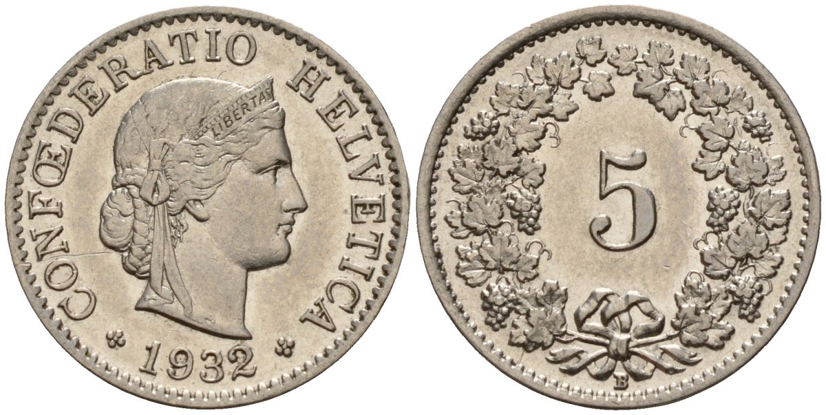 Швейцария 5 раппенов 1932 B KM 26 медно-никель 4189-323