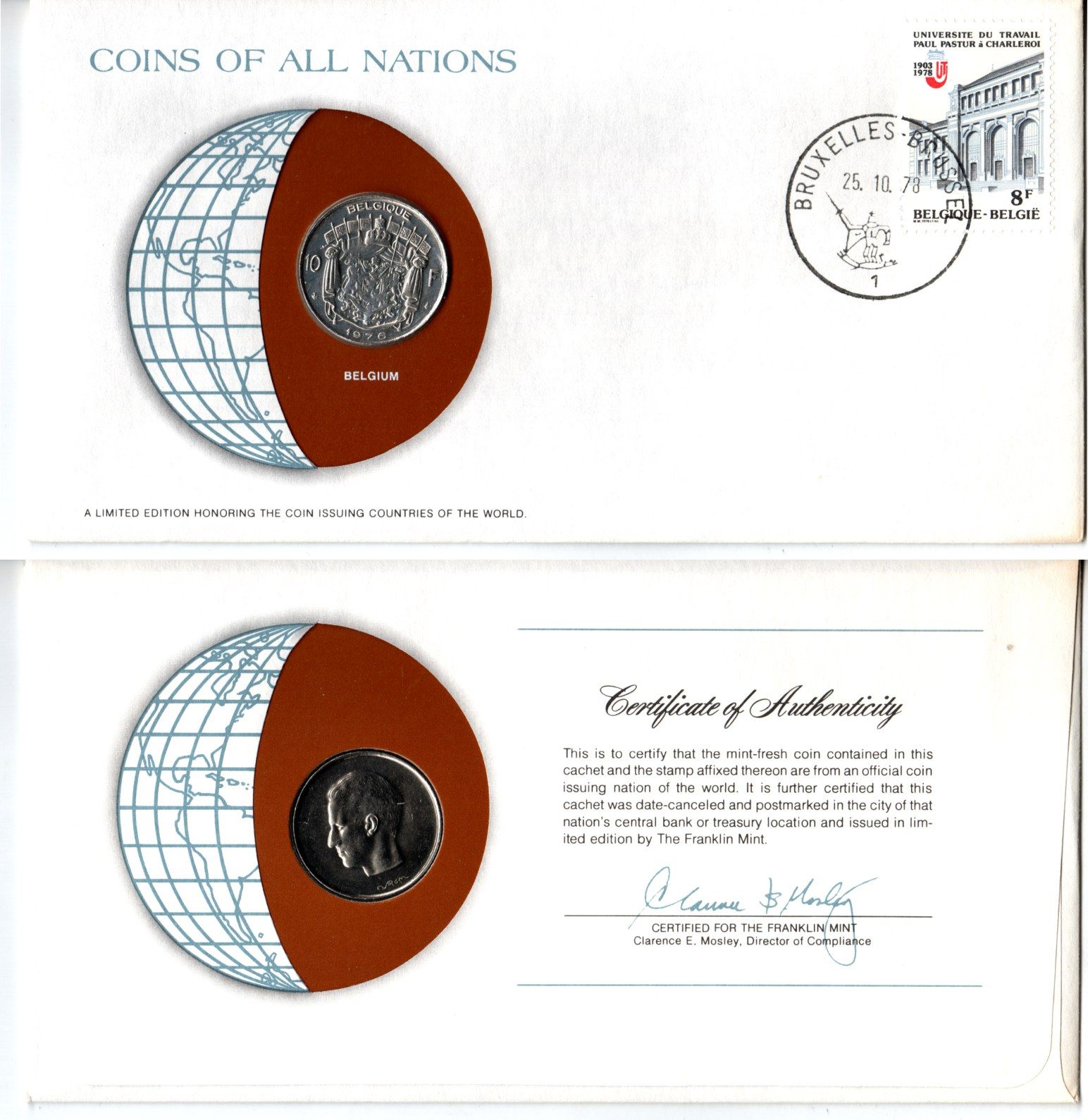 Бельгия 10 франков 1976 конверт с маркой первого дня гашения, Coins of Nations KM 155.1 никель UNC 4294-26-1