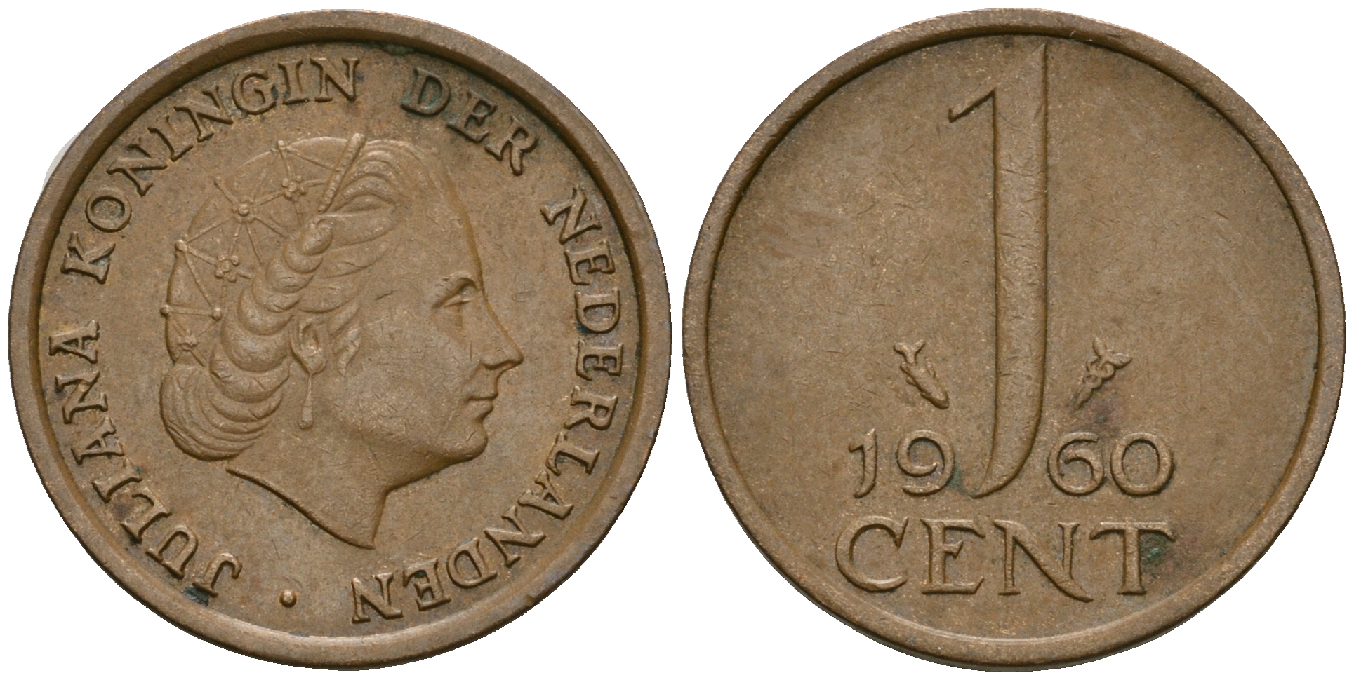 Нидерланды 1 цент 1960 Юлиана (1949-1980) KM 180 бронза 4608-1018