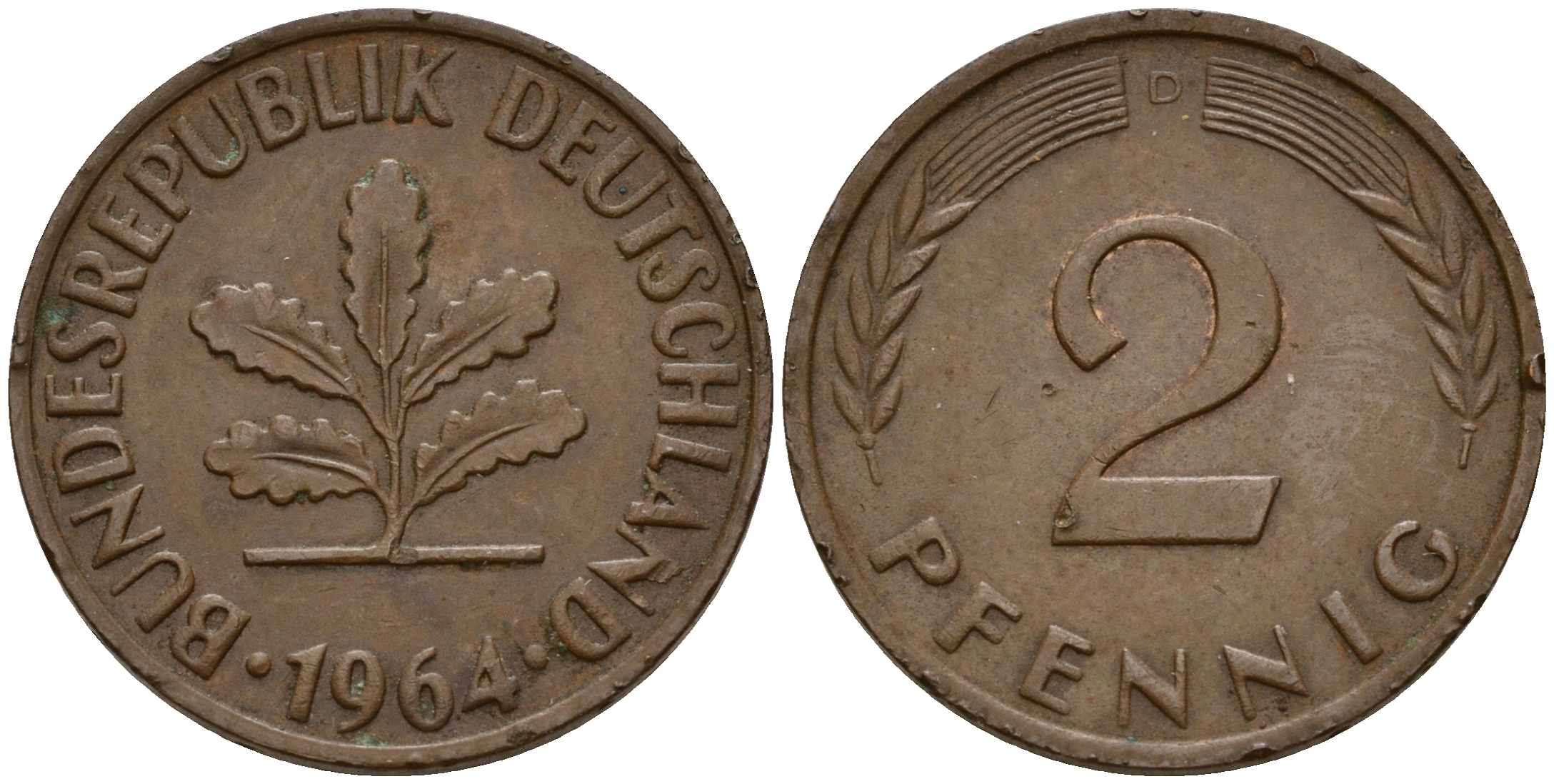 ФРГ 2 пфеннига 1964 D J.381  KM 106 бронза    4598-734