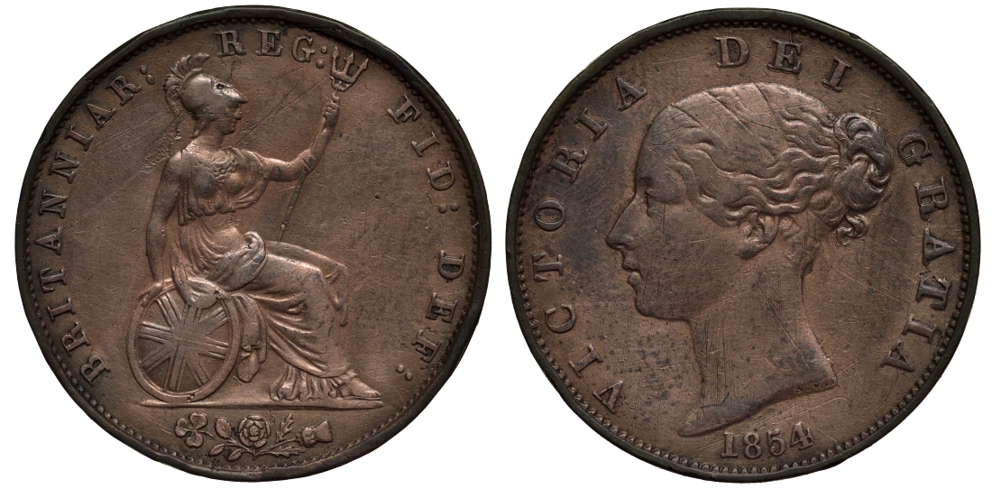 Великобритания 1 пенни 1854 Виктория (1837-1901) KM 739, Spink 3948 медь 1523-1245
