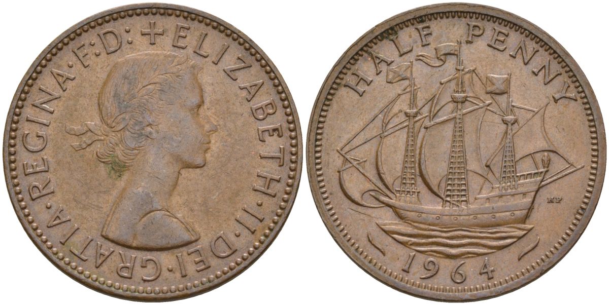 Великобритания 1/2 пенни 1964 Елизавета II (1952-2022) KM 896, Spink 4158 бронза 4153-844