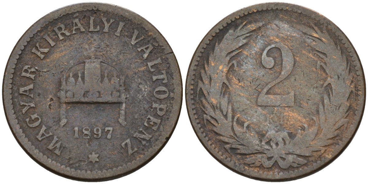 Венгрия 2 филлера 1897 KB, Франц Иосиф I (1848-1916) KM 481 бронза 4151-932