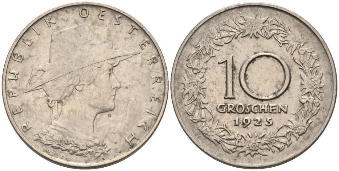 Австрия 10 грошей 1925 ЖЕНЩИНА В ТИРОЛЬСКОЙ ШЛЯПКЕ KM 2838 медно-никель 4571-241