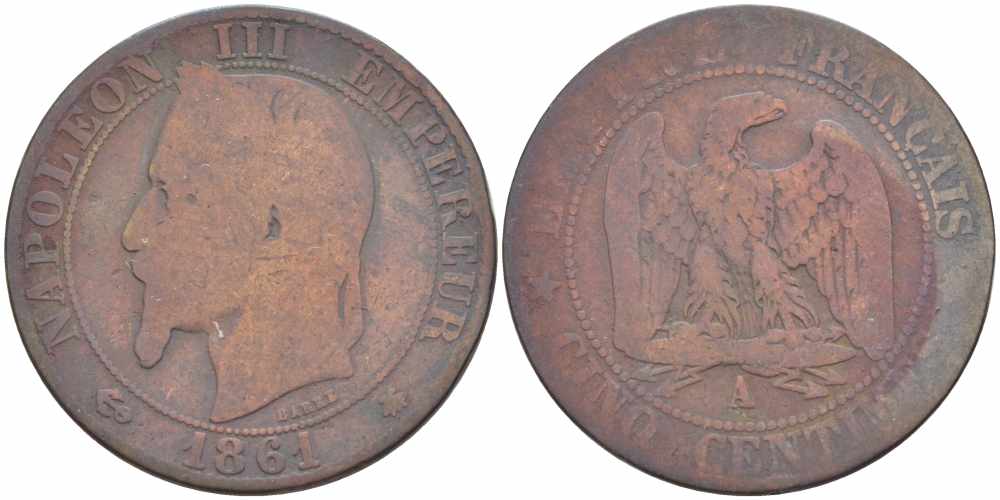 ФРАНЦИЯ 5 САНТИМОВ 1861 A, НАПОЛЕОН III (1852-1870) KM 797.1, LE FRANC 117.2 бронза 108-513