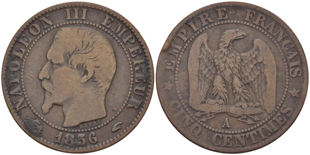 ФРАНЦИЯ 5 САНТИМОВ 1856 А, НАПОЛЕОН III (1852-1870) KM 777.1, LA FRANC 116.30 бронза 28-646