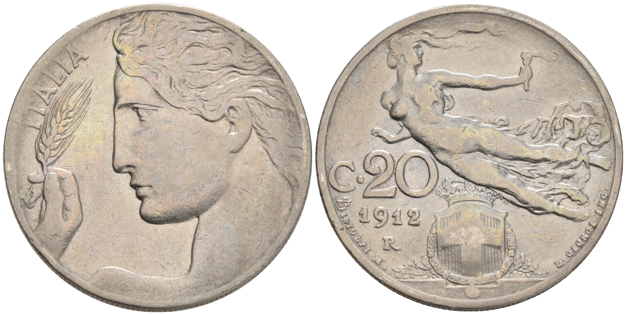 Италия 20 чентезимо 1912 R, Виктор Эммануил III (1900-1946) KM 44 никель 4561-826