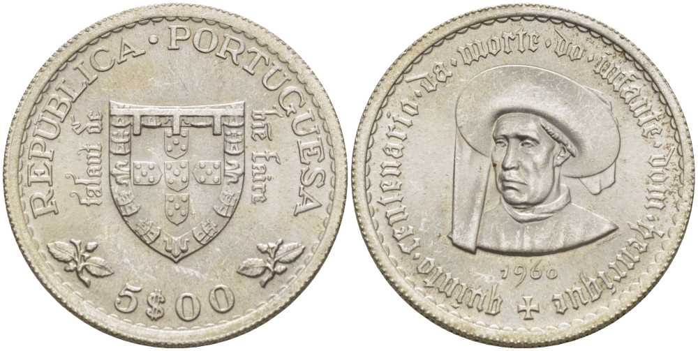 ПОРТУГАЛИЯ 5 ЭСКУДО 1960 500 ЛЕТ СО ДНЯ СМЕРТИ ПРИНЦА ГЕНРИ НАВИГАТОРА KM 587 серебро 1521-1233